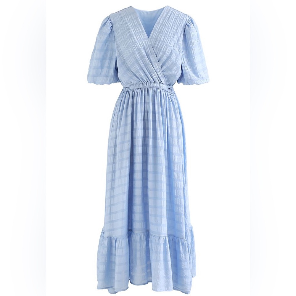 CHICK WISH CHECK PATTERN BELTED WRAP DRESS IN BLUE
